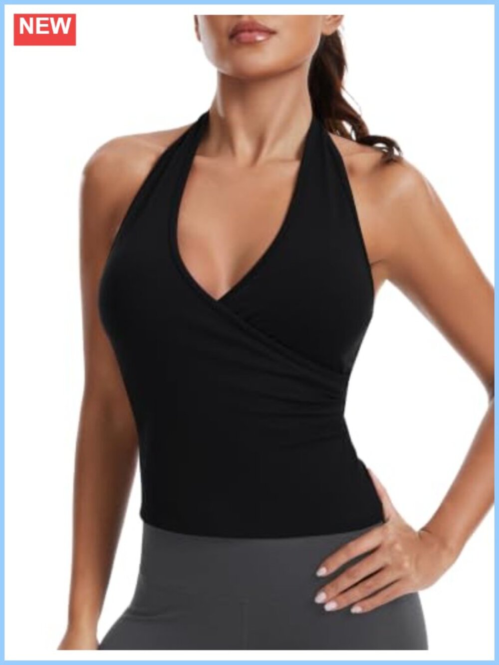 Halter Tank Top Built in Bra V Neck Open Back Crop Top